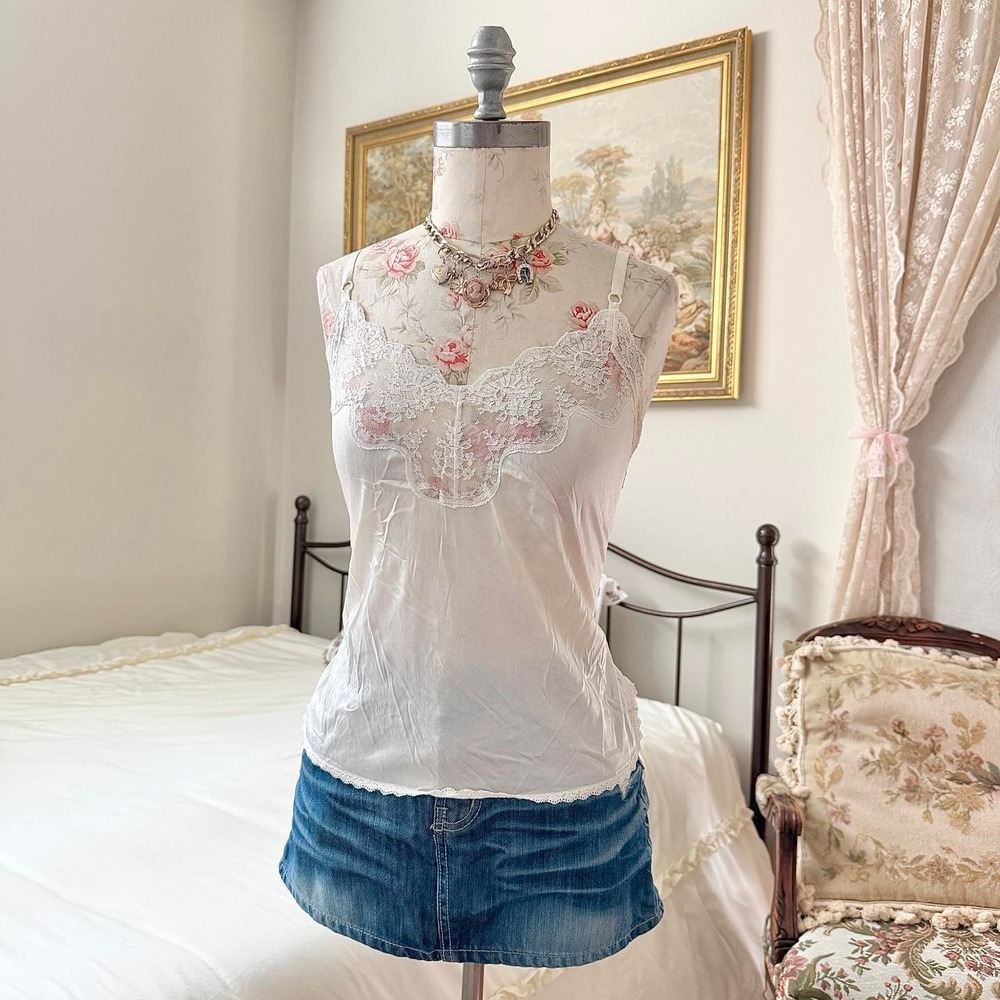 70s Vintage size medium white lace slip cami
